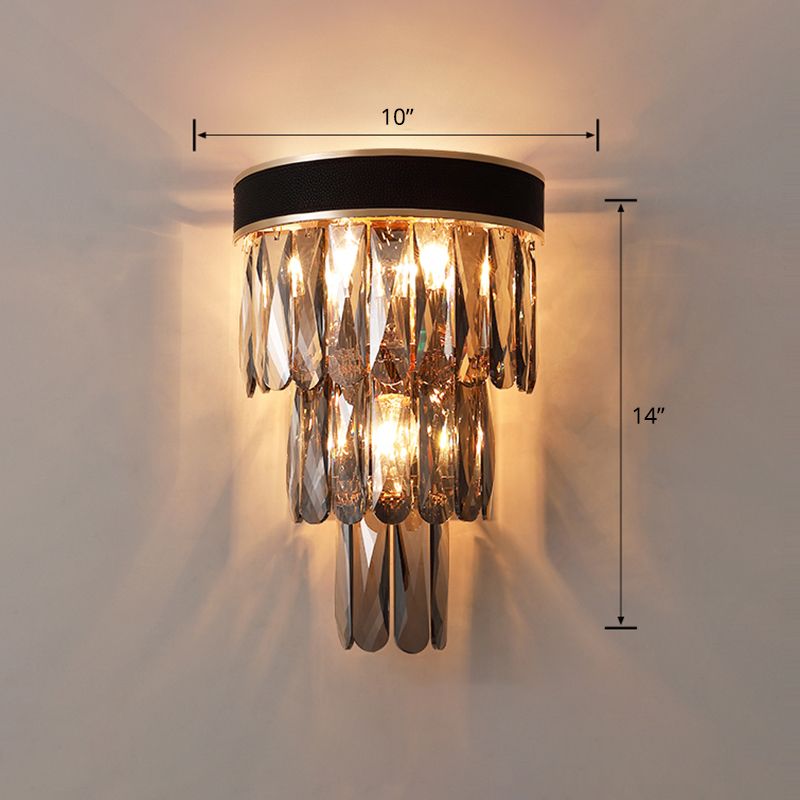 Minimalist 3-Bulb Flush Wall Sconce Black 3-Tier Wall Lighting with Crystal Shade