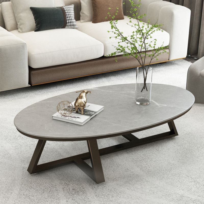 Glam Iron Cross Legs Cocktail Table Oval Slate Top Coffee Table