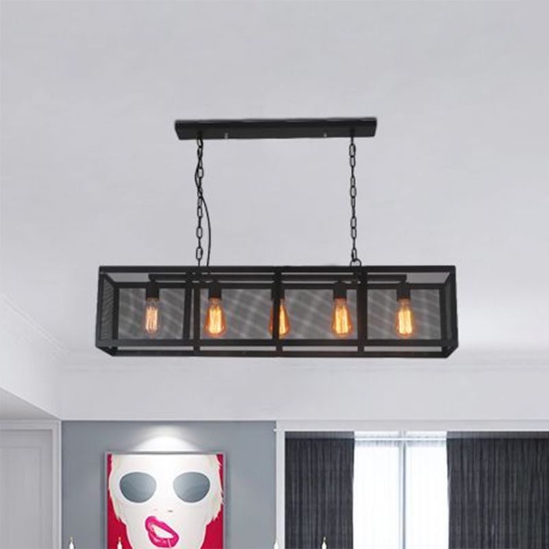 Rectangle Dining Room Island Pendant Light with Mesh Shade Industrial Iron 5 Heads Black Finish Hanging Lamp