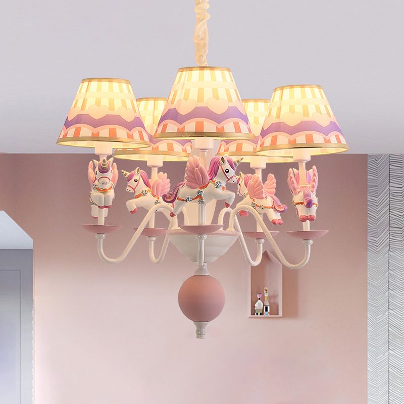 Unicorn Resin Suspension Lighting Cartoon 5-Light Chandelier with Print Empire Shade