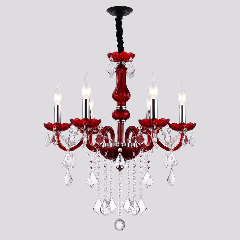 Red Candlestick Hanging Pendant Antique Faceted Crystal 6 Heads Living Room Chandelier