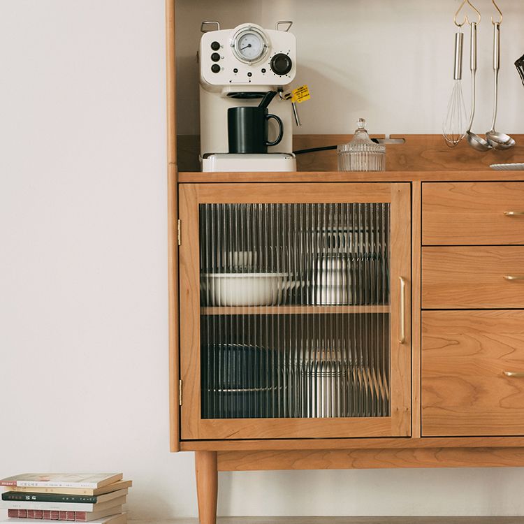 3-drawer Dining Server Pine Solid Wood Buffet Server with Glass Doors