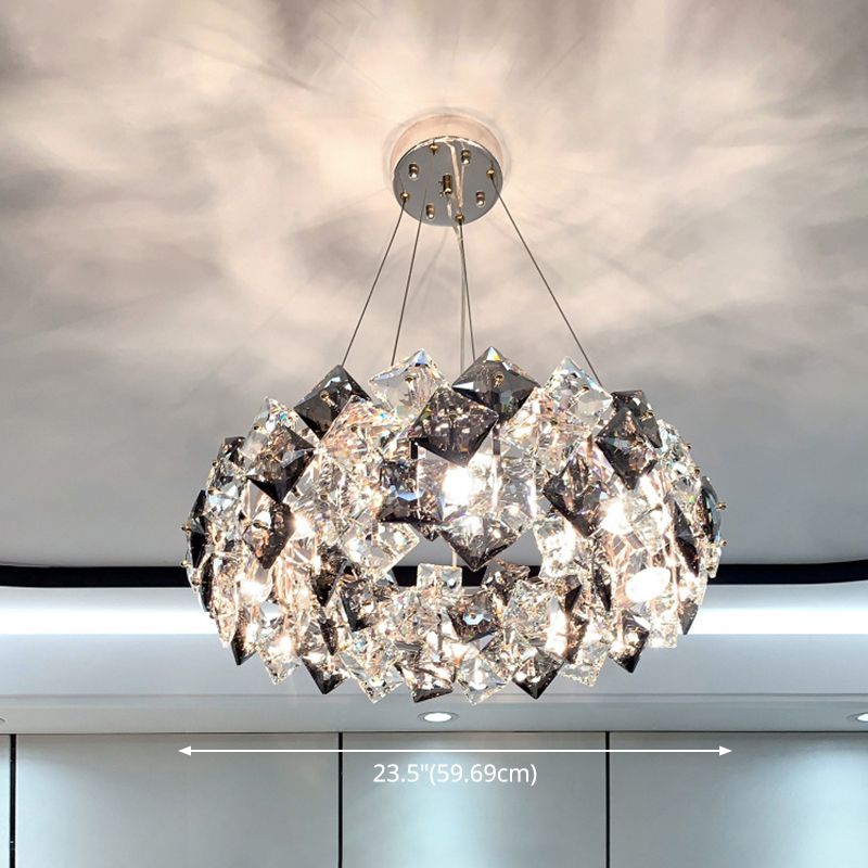 Drum Pendant Ceiling Light Modernist Smoke Grey Crystal Living Room Chandelier Lamp