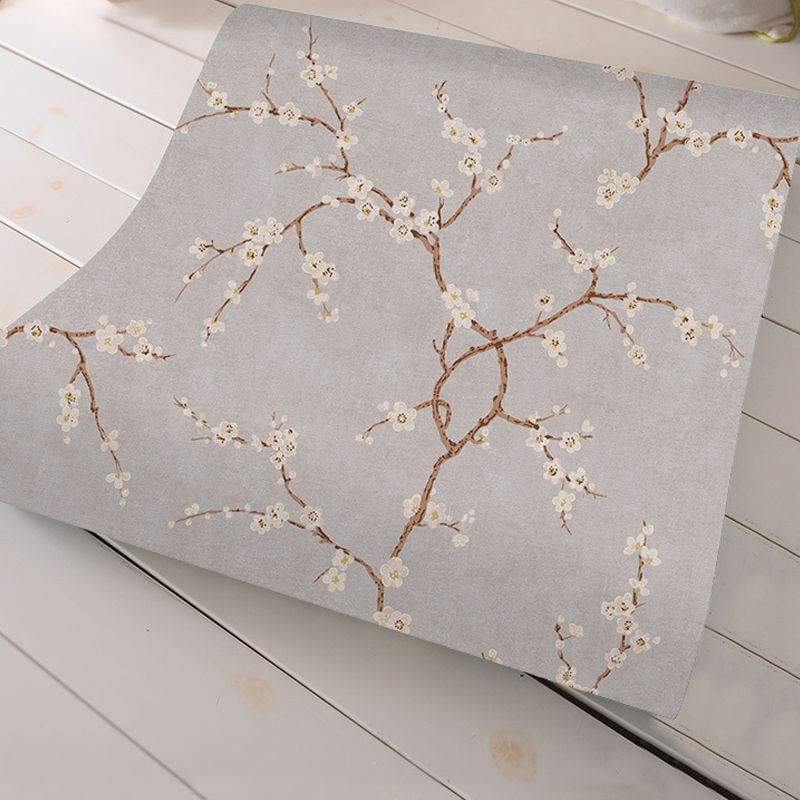 Plum Flower Wallpaper Roll Country Style Non-Woven Cloth Wall Decor in Light Color