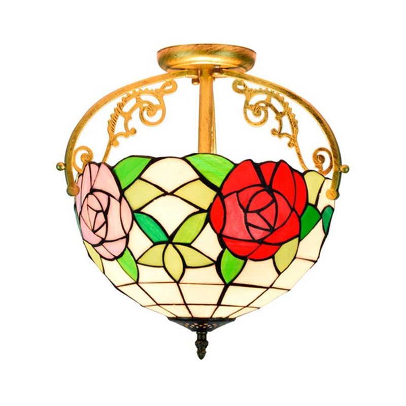 Rose Semi Flush Mount Lighting 2 Lights Stained Glass Mediterranean Ceiling Mounted Fixture in Red/Pink/Blue