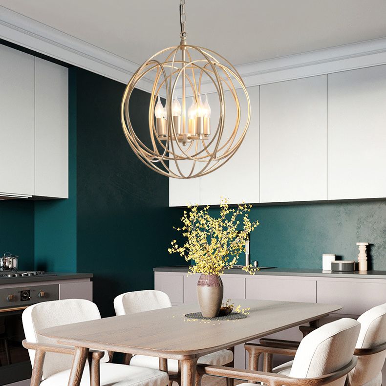 Post-Modern Metal Hanging Chandelier Light Gold Spherical Cage Shade Ceiling Chandelier for Dining Room
