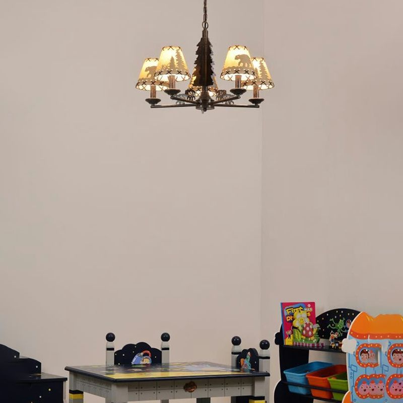 Cone Metal Chandelier Lighting Fixture Rural 5 Heads Dining Room Hanging Ceiling Light in Black with Beige Fabric Shade