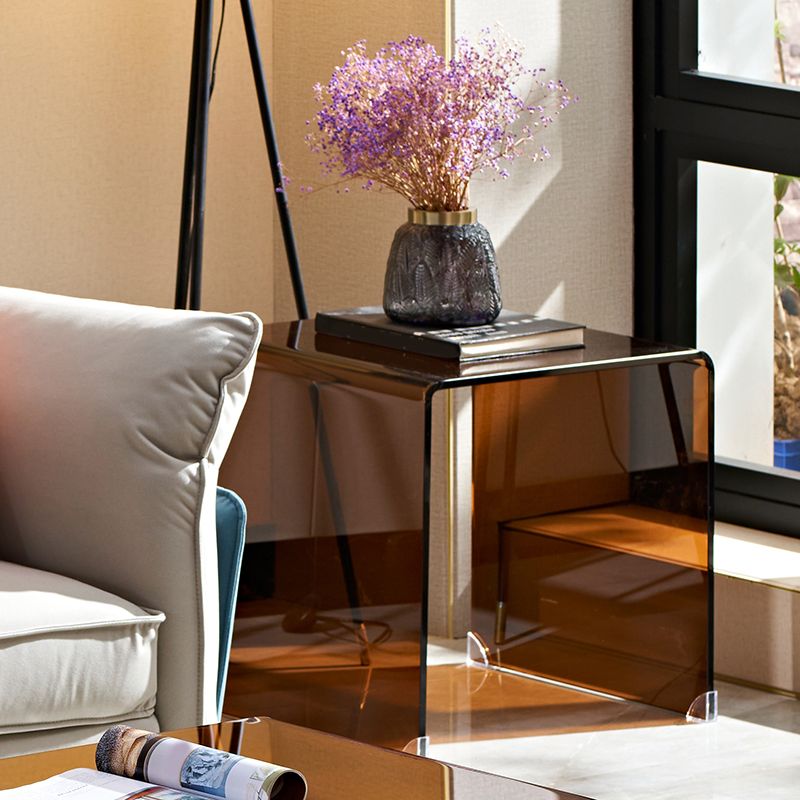 Modern Brown Sled Corner Table Square Glass Side End Table for Living Room