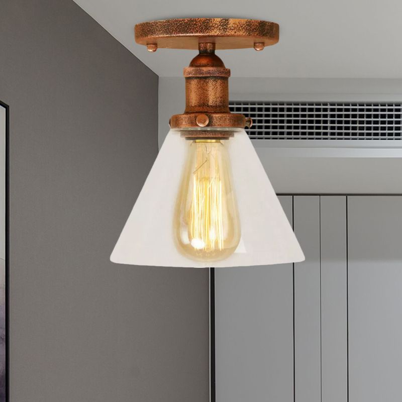 Single Bulb Semi-Flush Mount Industrial Conical Clear Glass Ceiling Light in Black / Brass / Copper