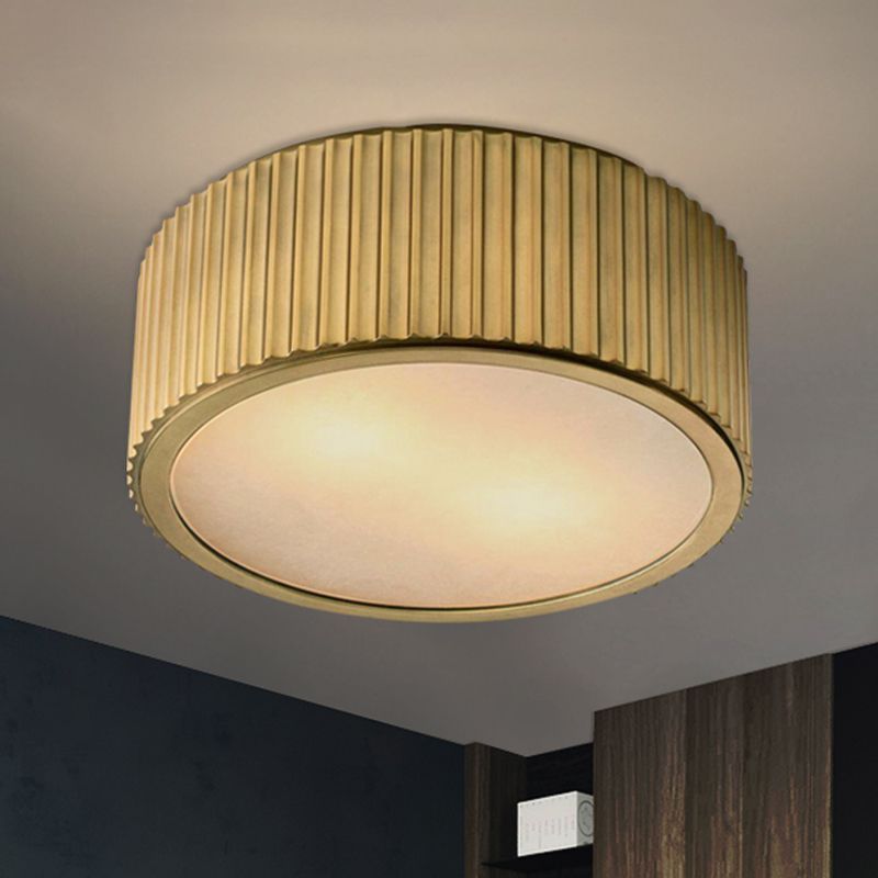 Frosted Glass Gold Ceiling Fixture Circular 3 Bulbs Colonialism Flush Mount Recessed Lighting, 12"/16" Wide