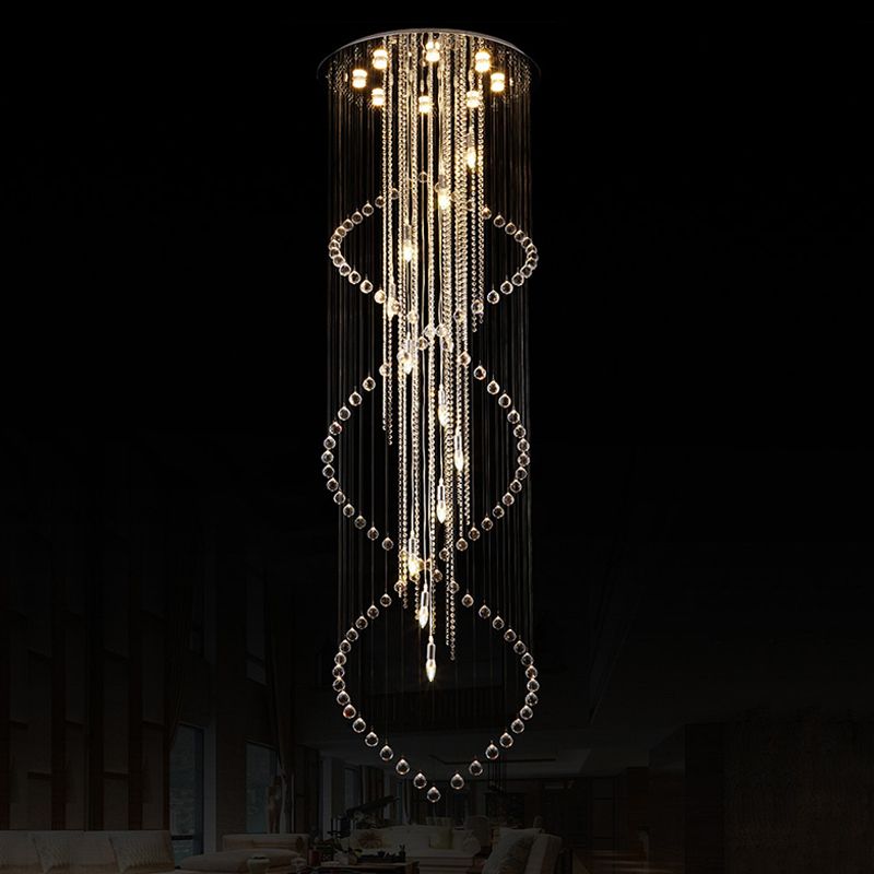 Cascading Stair Cluster Pendant Lamp Minimalist Crystal 19-Bulb Silver LED Suspension Light