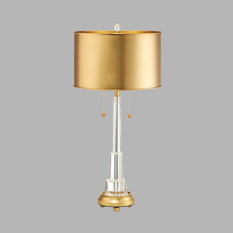 Klarer kristallgeschichtetes Tischlampe ländliche Einheit Schlafzimmer Nachtlicht in Gold mit Trommelmetallschatten