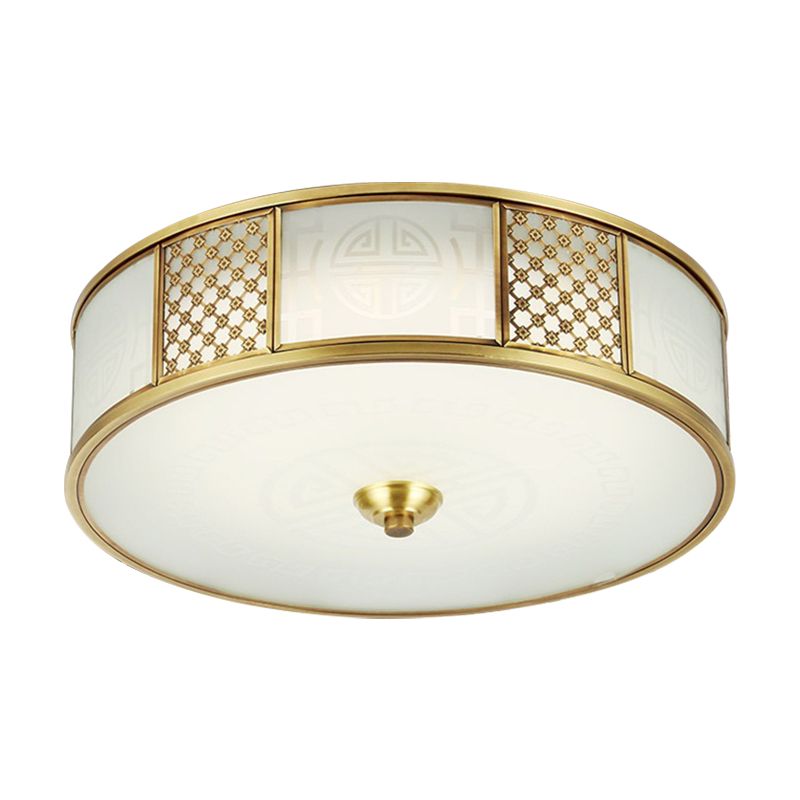 Colonial Drum Flush Mount Ceiling Light 14"/18" Wide 4 Lights Milky Glass Flushmount in Brass