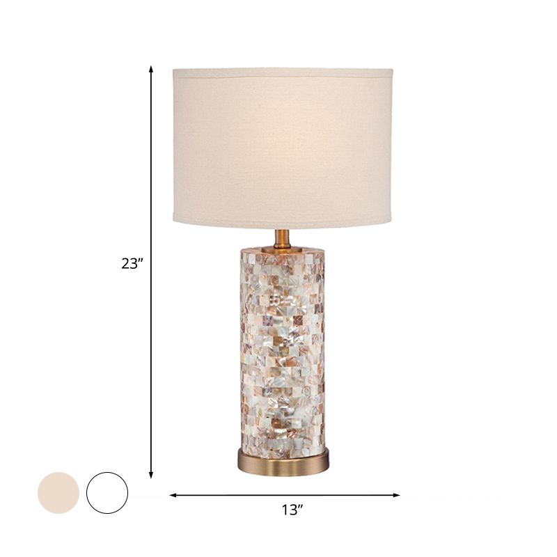 Shell Patchwork Column Nightstand Light Minimalist 1 Head Parlor Table Lamp with Cylinder Fabric Shade in Flaxen/White