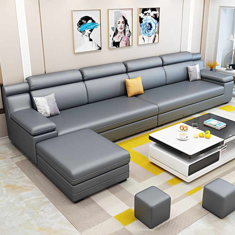 Contemporary Reversible Sectional Linen/Faux Leather Sofa with Ottoman for Four People
