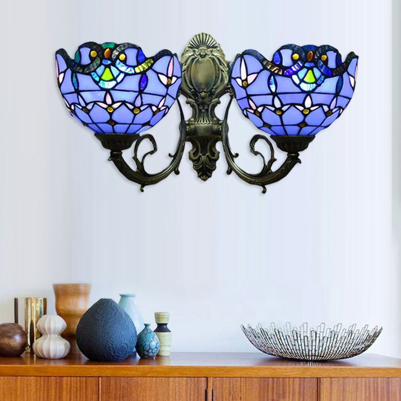 Stained Glass Bowl Wall Lighting Victorian Style 2 Heads Indoor Wall Mount Light in Antique Bronze