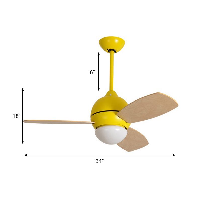 Ciotola modernista a ventola in metallo Light LED Monte semi-flush in rosa/giallo/verde con 3 lame in legno per soggiorno, larghezza 34 "
