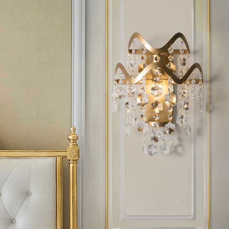 Brass LED Wall Mount Light Vintage Crystal Strand Draping Sconce Lighting with Waveform Edge