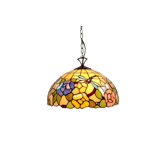 Tiffany Multi-Colored Pendant Light with Flower and Dragonfly 12"/16" W Domed Shade Glass Hanging Light for Kitchen