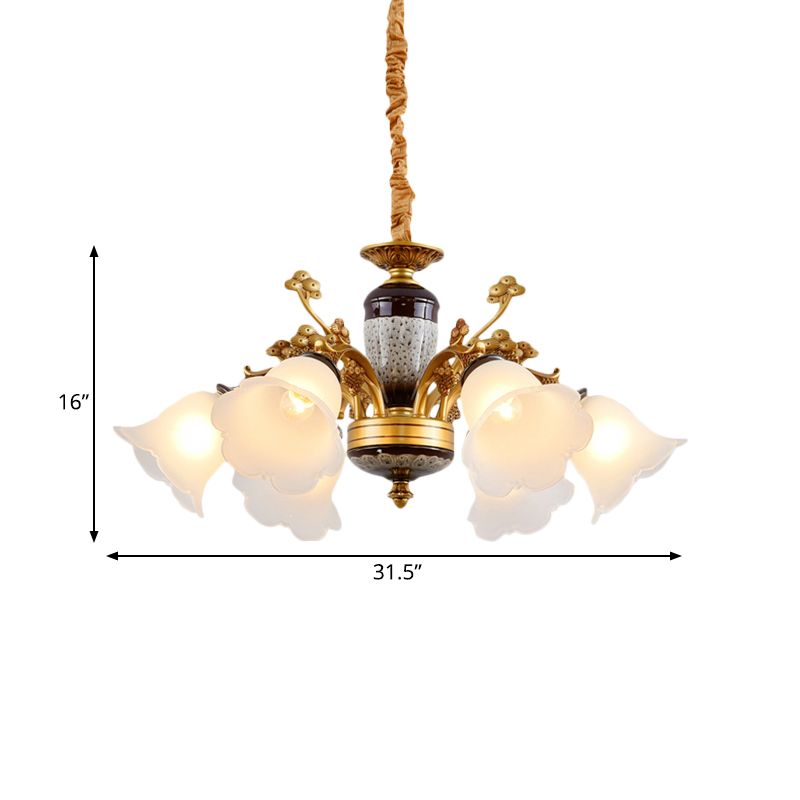 Iluminación colgante floral de vidrio blanco 6 luces de la sala de estar lámpara de lámpara de la sala de estar en oro