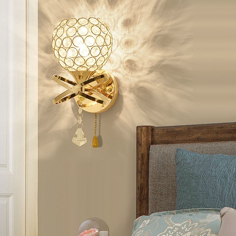 Modern Pull-Chain Wall Lamp Gold Global Wall Mounted Light with Crystal Shade