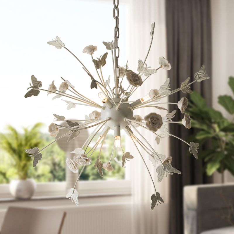 Metal Flower Chandelier Lamp Minimalism LED White-Silver Pendant Lighting Fixture with Adjustable Chain