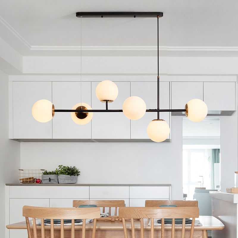 Industrial 6-Light Island Pendant with Amber/Milky White/Gradient Blue Glass Shade Brass Ball Ceiling Light with Adjustable Cord