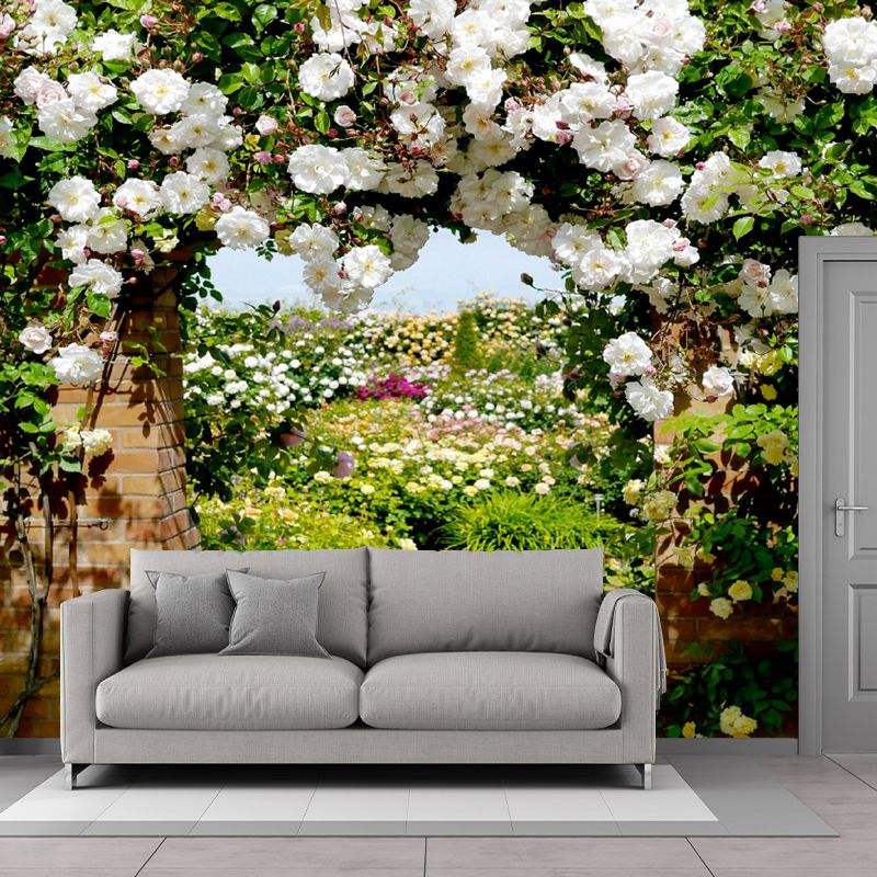 Photography Flower Archway Mural Decal for Living Room, Green and White, Custom Print