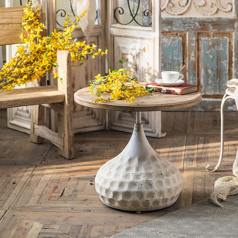 French Country Wood Round Top Side Table Distressed Iron Base End Table