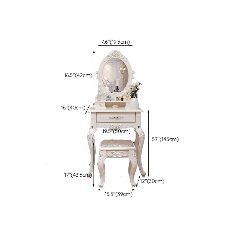 Victorian Mirrored Makeup Dressing Table Wood Stool Set in White