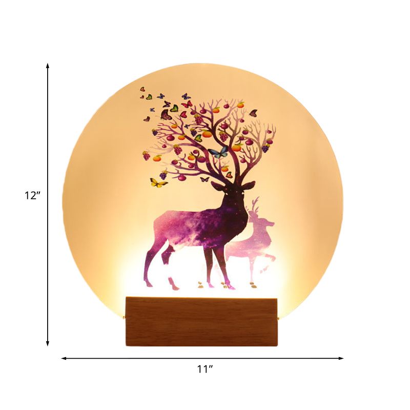 Acrylic Circular Elk Patterned Wall Light Fixture Chinese Style LED Wood Mural Lamp for Bedroom