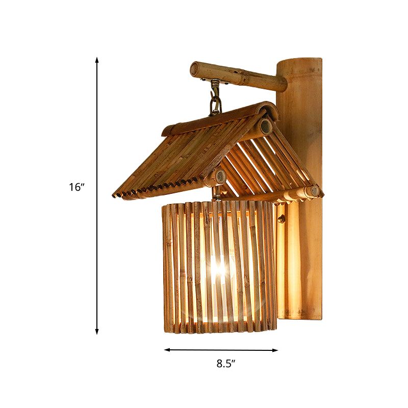 Bruin/houten huisvormige muurlicht SCONCE LODE Stijlvol 1 lichte bamboe sconce lamp voor balkon