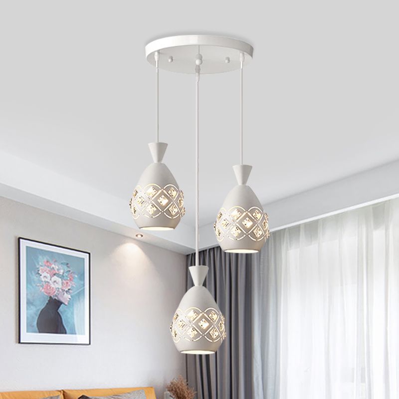 Waterdrop Multi-Light Pendant Modern Crystal Embedded 3 Bulbs Dining Room Suspension Lamp in White