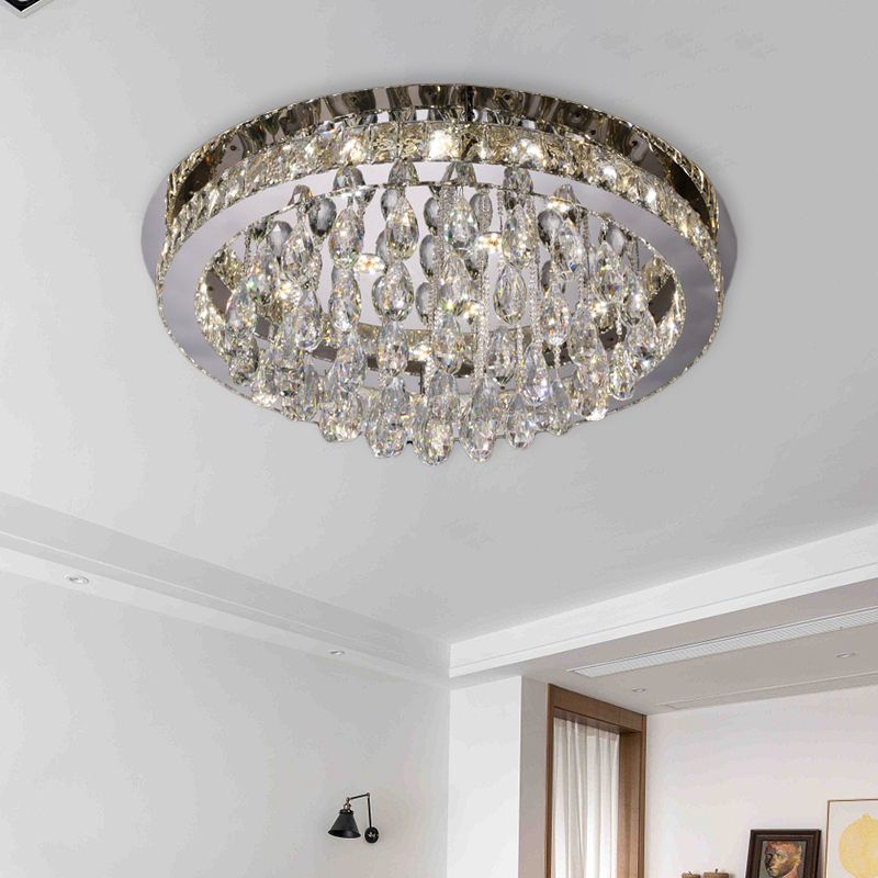Nickel LED Ceiling Flush Light Modernist Beveled Cut Crystal-Encrusted Circular Flushmount with Crystal Drops