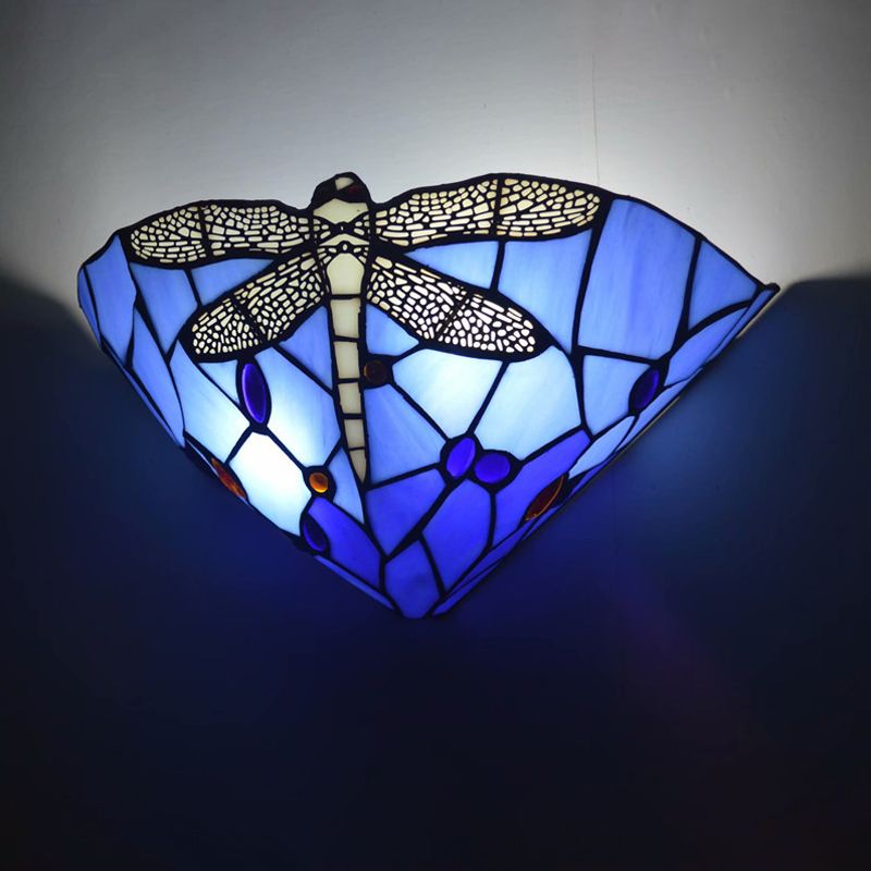 Cone Cut Glass Wall Mount Sconce Tiffany 1 Head Dragonfly Patterned Wall Hanging Light