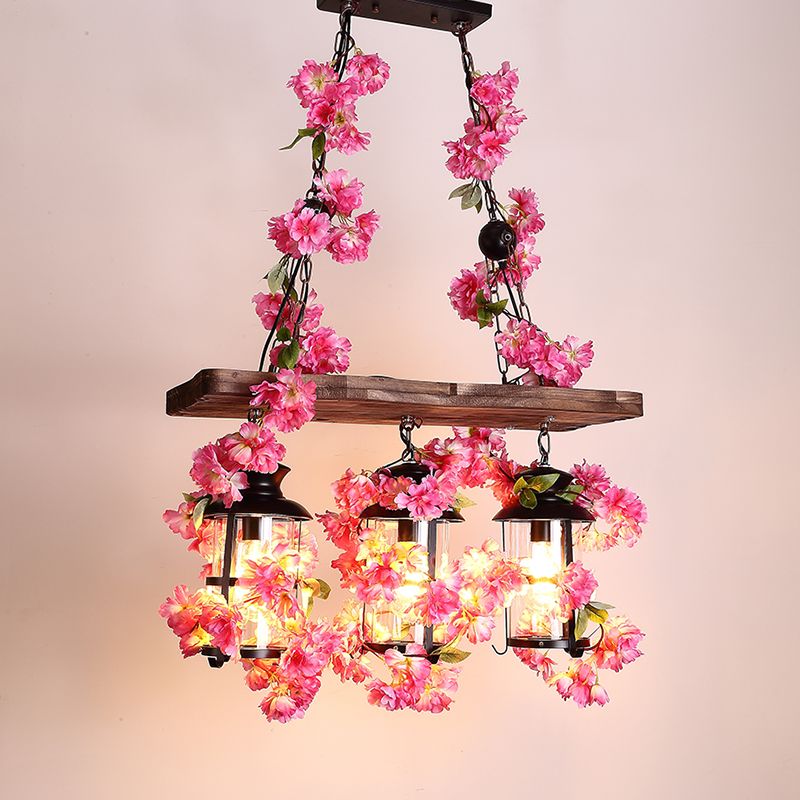 Clear Glass Cylindrical Ceiling Hanging Lantern Industrial 3 Heads Restaurant Island Light with Art Plant Deco