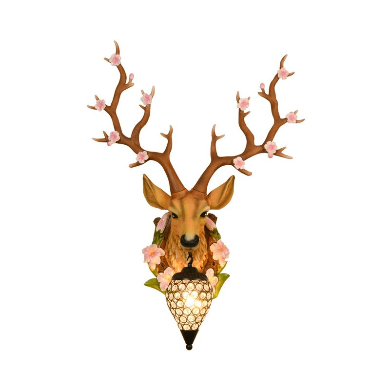 White/Yellow 1 Light 16.5"/23" W Sconce Light Traditional Resin Deer Wall Lighting Fixture with Teardrop Crystal Shade