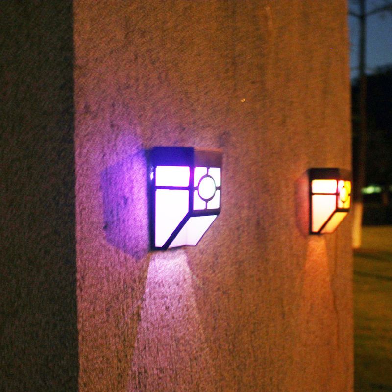 Outdoor RGB LED Wall Sconce Simple Black Solar Powered Wall Mount Lamp with Box Plastic Shade