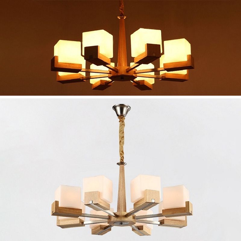 Wooden Sputnik Pendant Light in Modern Minimalist Style Frosted Glass Hanging Lamp for Dining Room