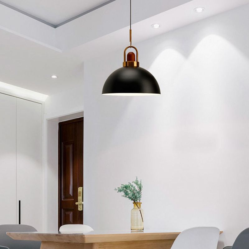 Metal Hemispherical Hanging Light Nordic Style 1 Light Restaurant Ceiling Pendant Lamp with Wooden Top