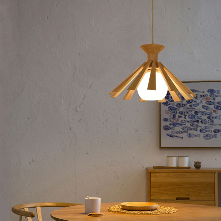 Beige Wood Umbrella Hanging Light Nordic Modern Style 1 Light Restaurant Ceiling Pendant Lamp