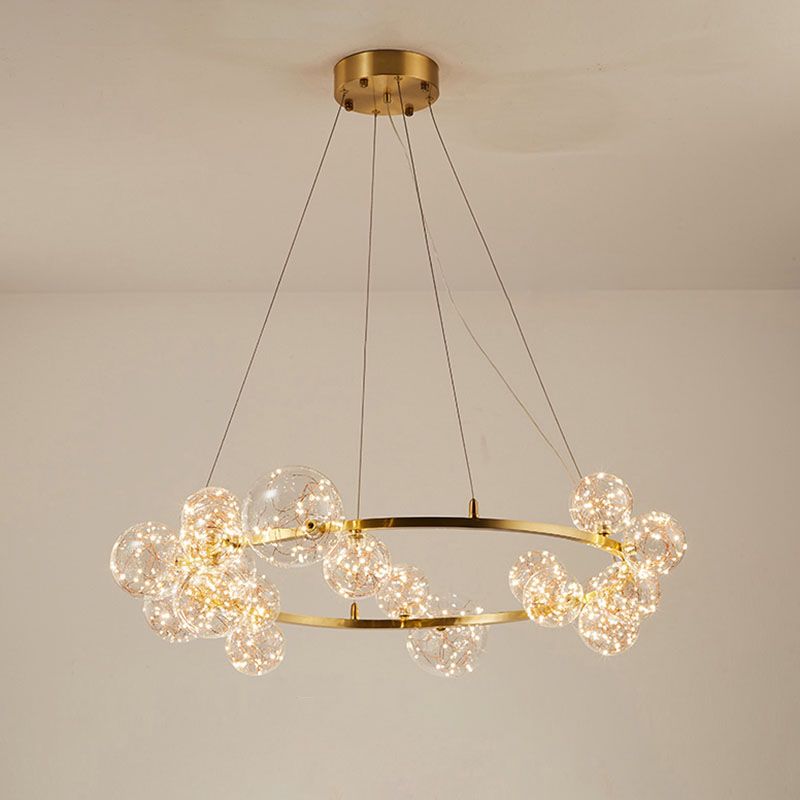 Orb Bedroom Hanging Chandelier Clear Glass Starry LED Modern Ceiling Suspension Lamp in Gold