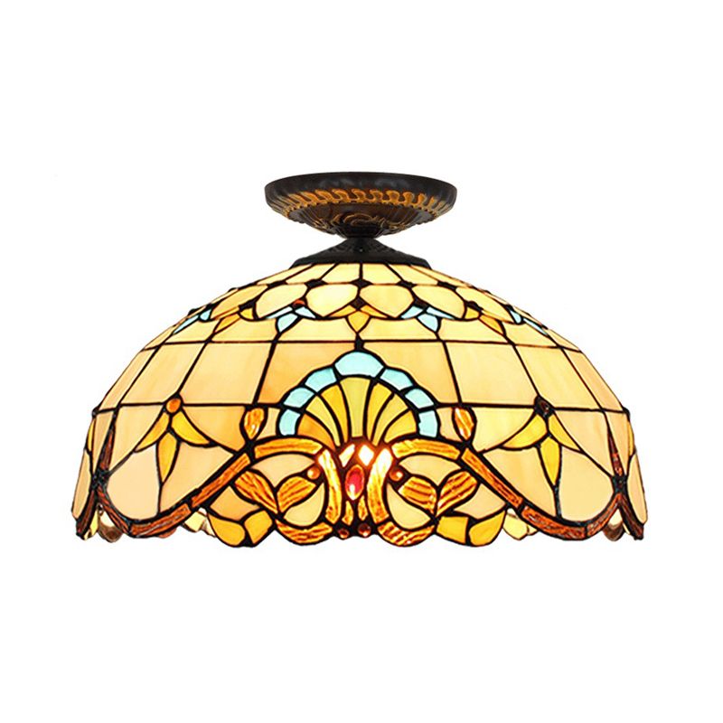 Yellow/Blue 1 Bulb Flush Mount Lighting Tiffany Hand Rolled Art Glass Floral Close to Ceiling Light, 12"/16" W