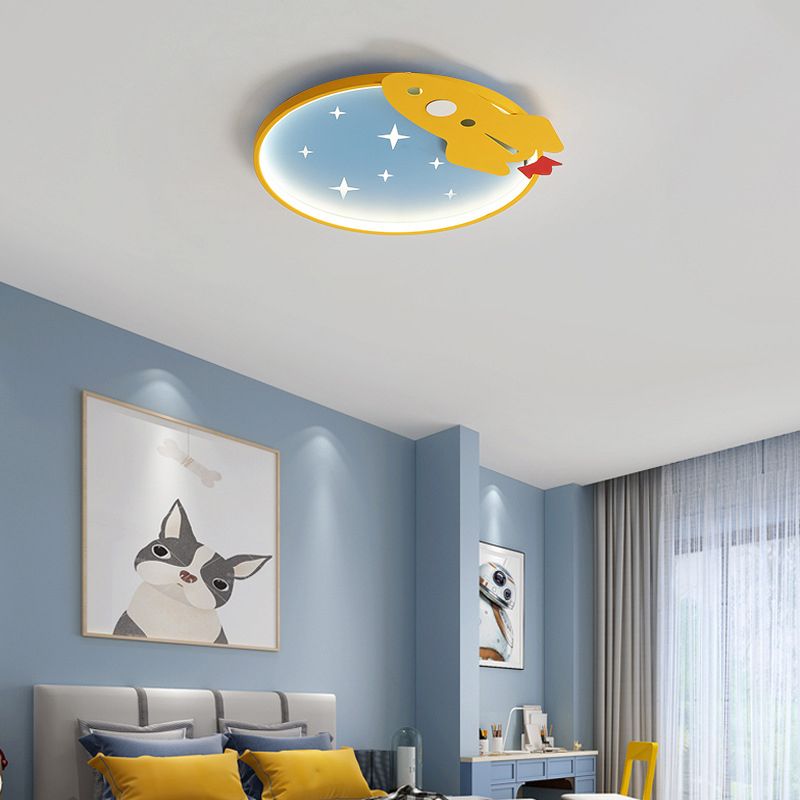 Lampe de plafond LED en métal de dessin animé de lumière affleurante de cercle jaune-bleu avec le décor de fusée