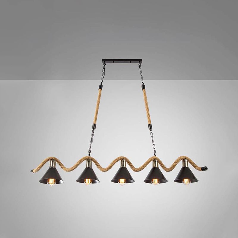 3 / 5 - Light Pendant Ceiling Fixture Iron Cone Shade Kitchen Island Light with Hemp Rope