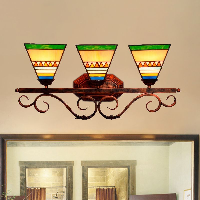 Bell/Pyramid Shaped Wall Light Fixture Mission Stained Glass 3 Heads Blue/Green Vanity Lighting