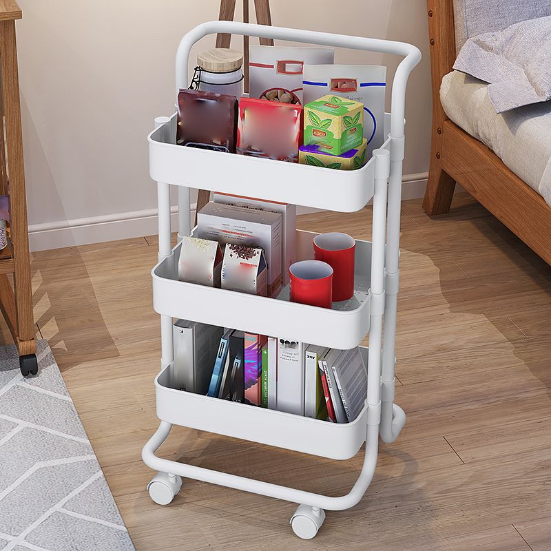 Industrial Vertical Etagere Bookshelf Iron Frame Plastic Shelf with Caster Wheels