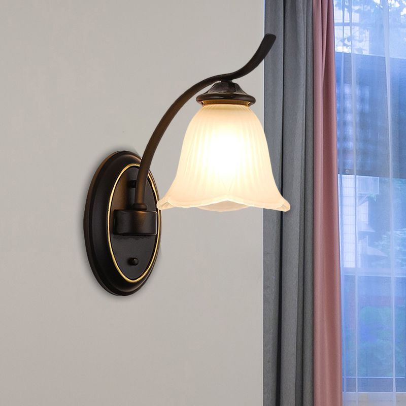 Single Head Sconce Light Countryside Flower Shape Cream Glass Wall Mounted Lamp in Black