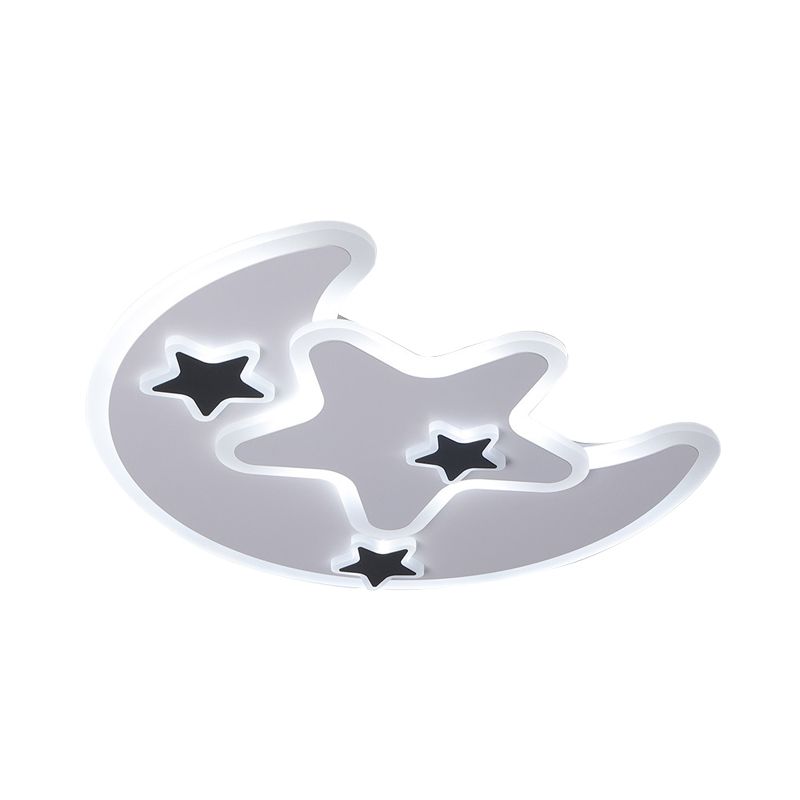 Black Moon and Star Flushmount Light Contemporary LED Acrylic Children Bedroom Ceiling Fixture in Warm/White Light