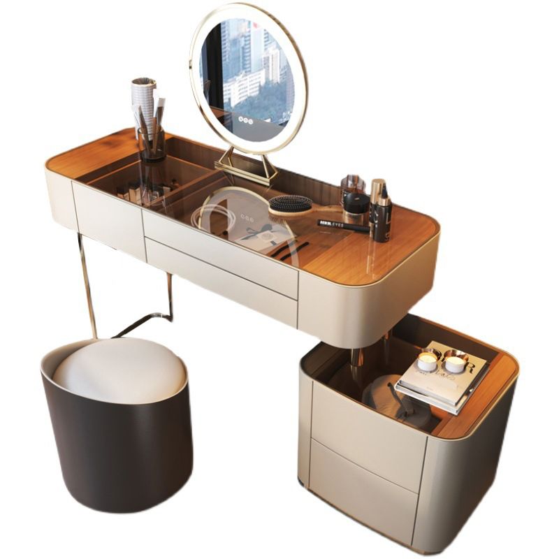 Glass Vanity Desk with 5 Storage Drawers 16.14" Wide Cream Wood Vanity Set